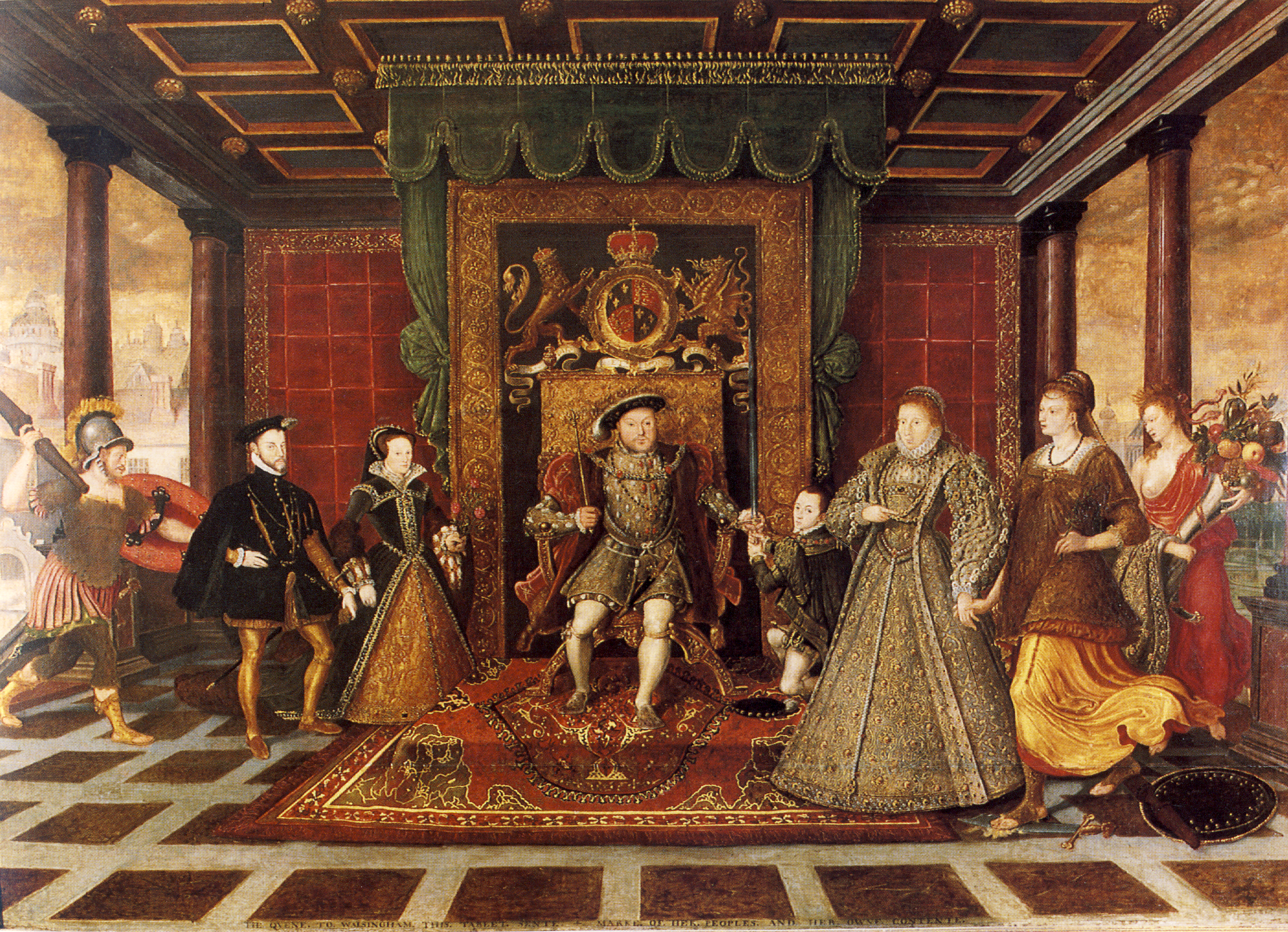 Historical painting of a formal court scene with people in period attire.British Heritage Britain First XYZ Clothing
