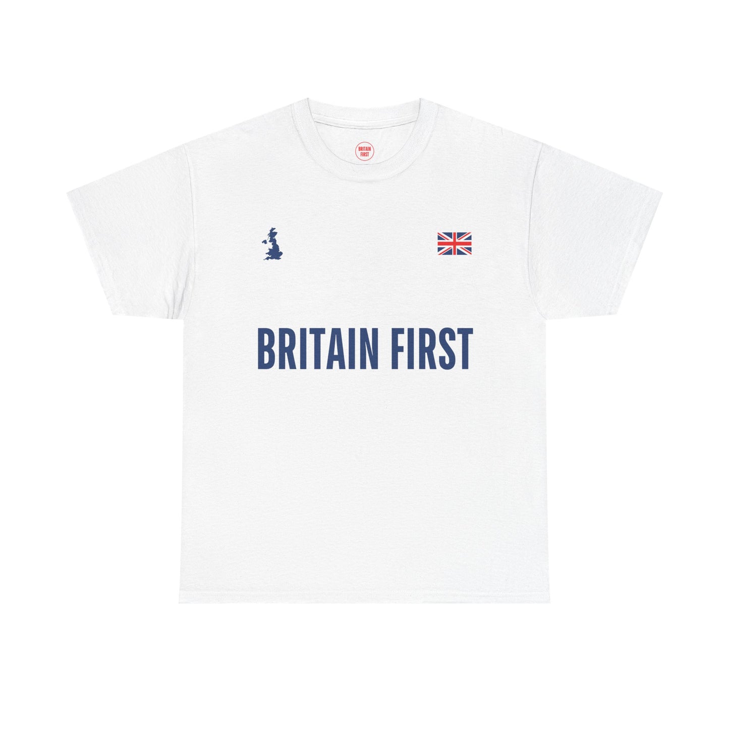 White t-shirt with 'Britain First' text and logo on a white background