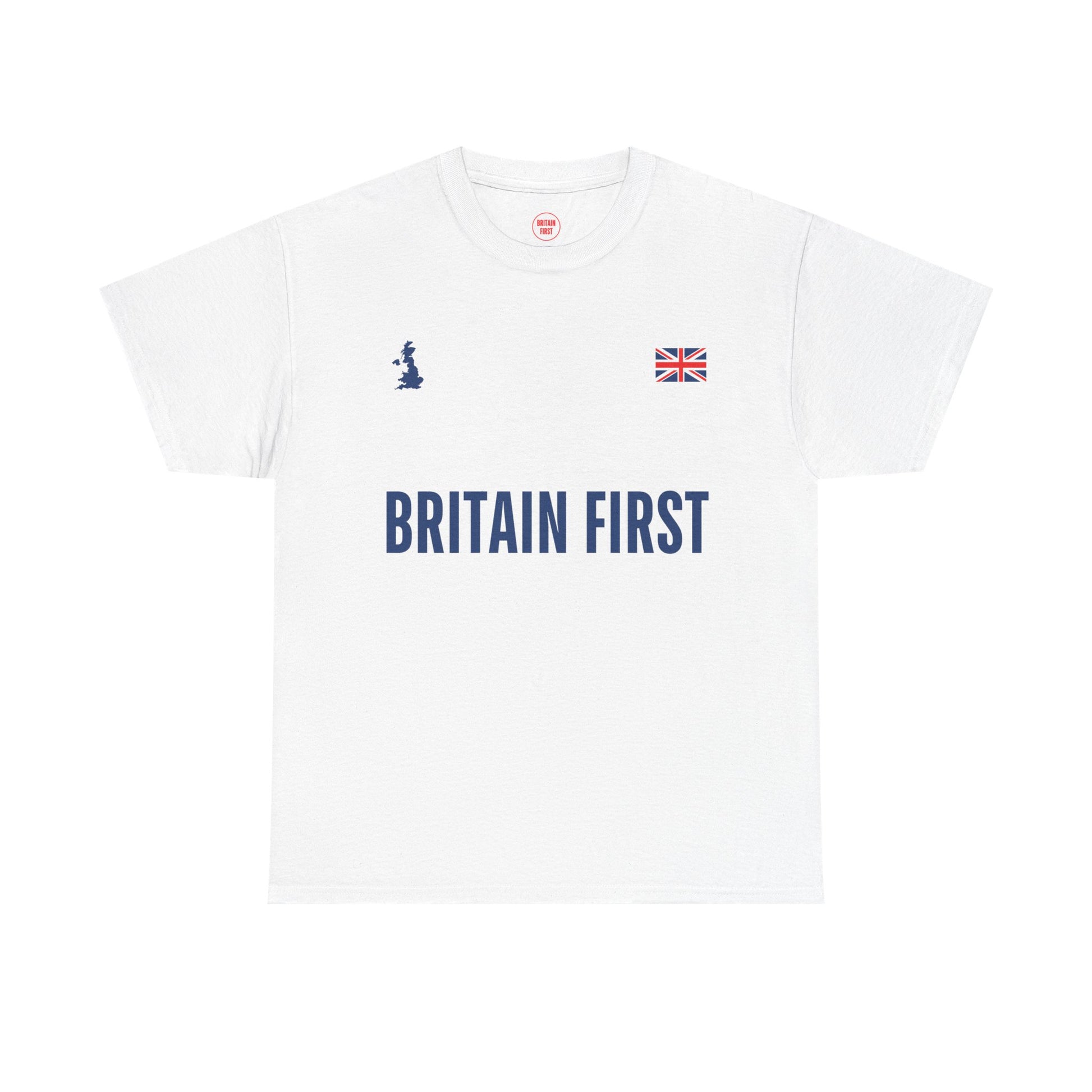 White t-shirt with 'Britain First' text and logo on a white background