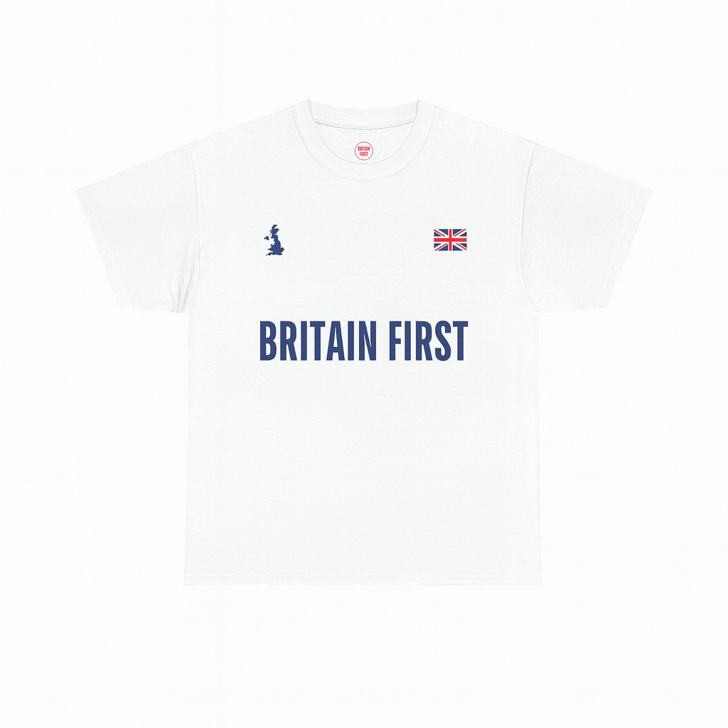 White t-shirt with 'Britain First' text and logo on a white background