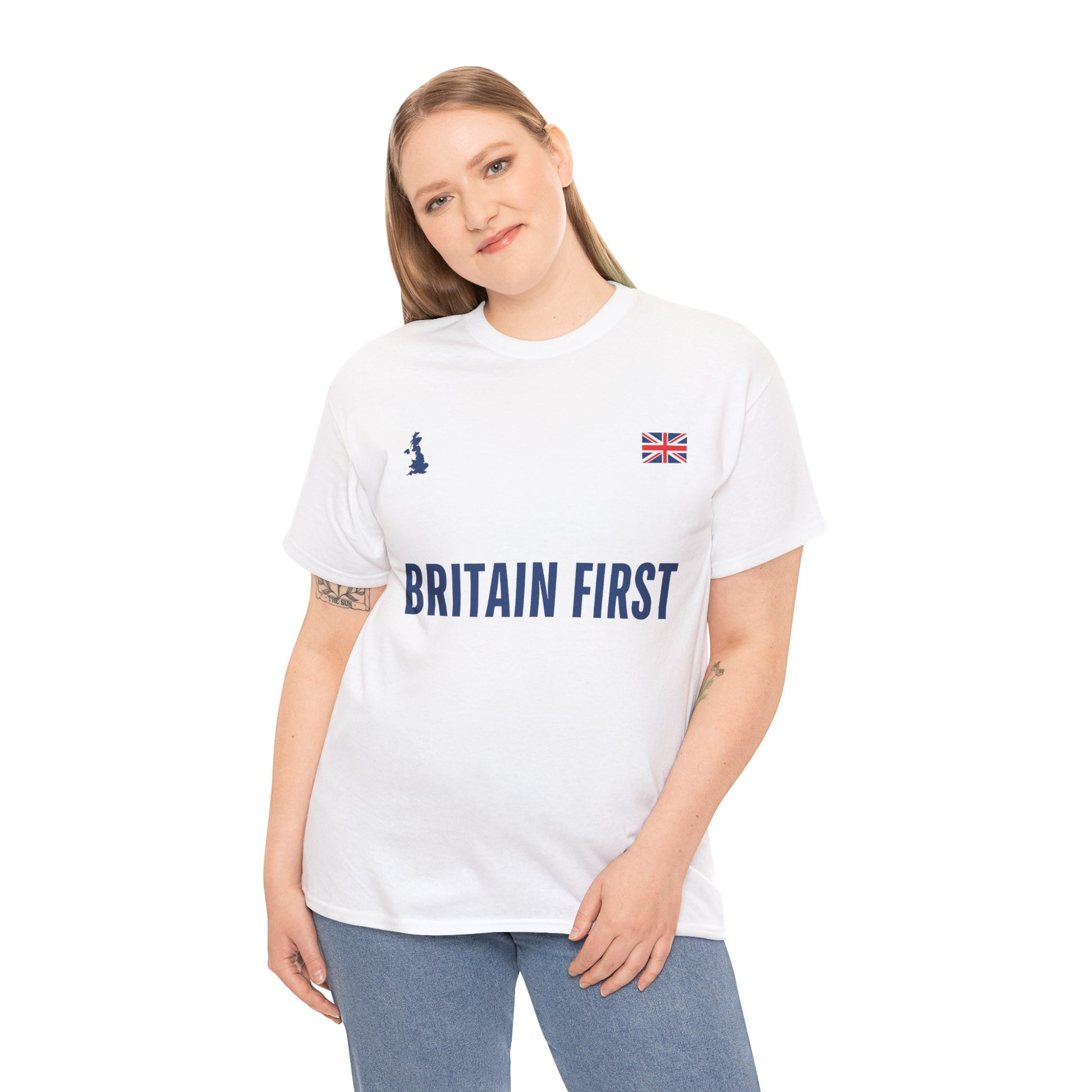 Person wearing a white t-shirt with 'Britain First' text and logo on a white background