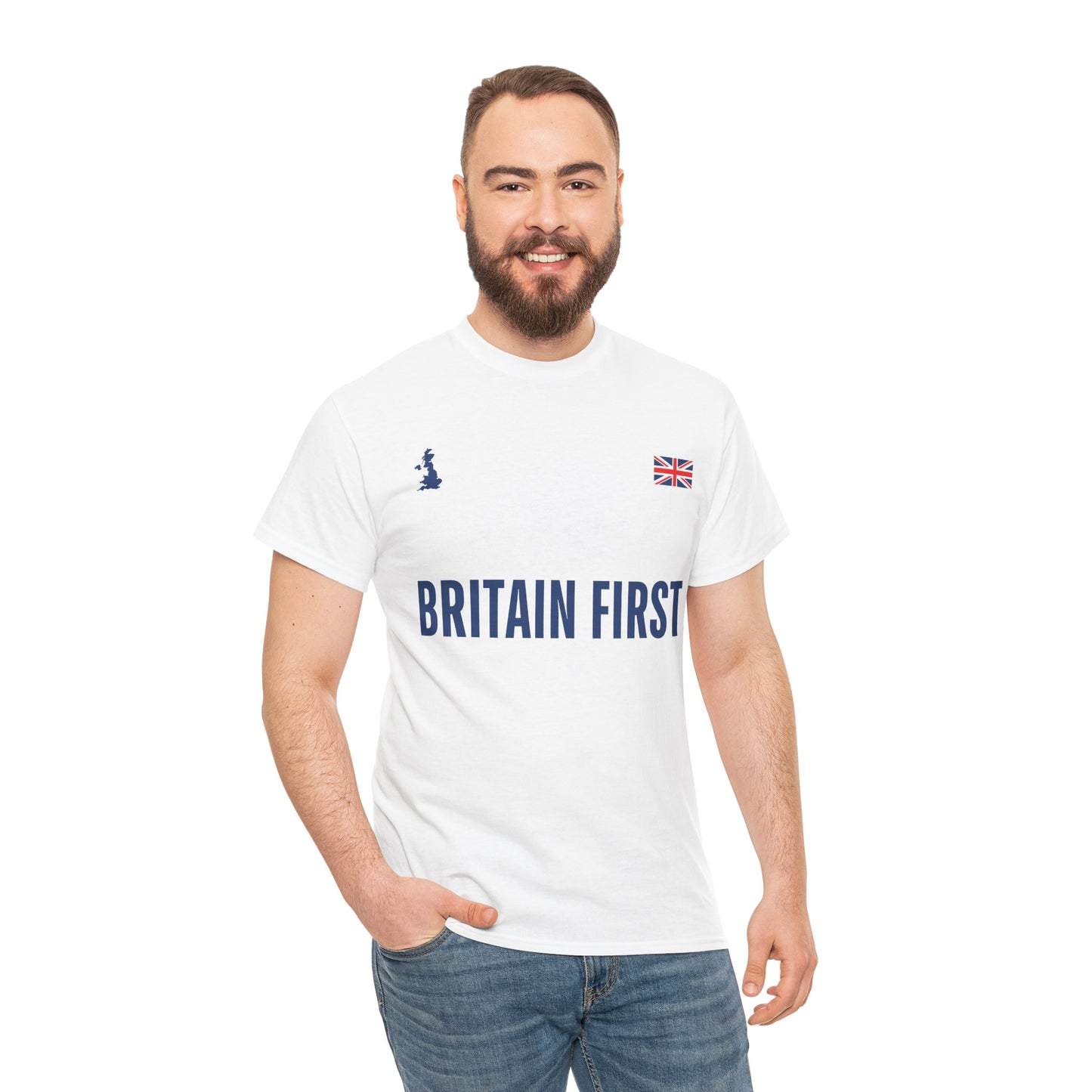 Man wearing a white t-shirt with 'Britain First' text on a plain background