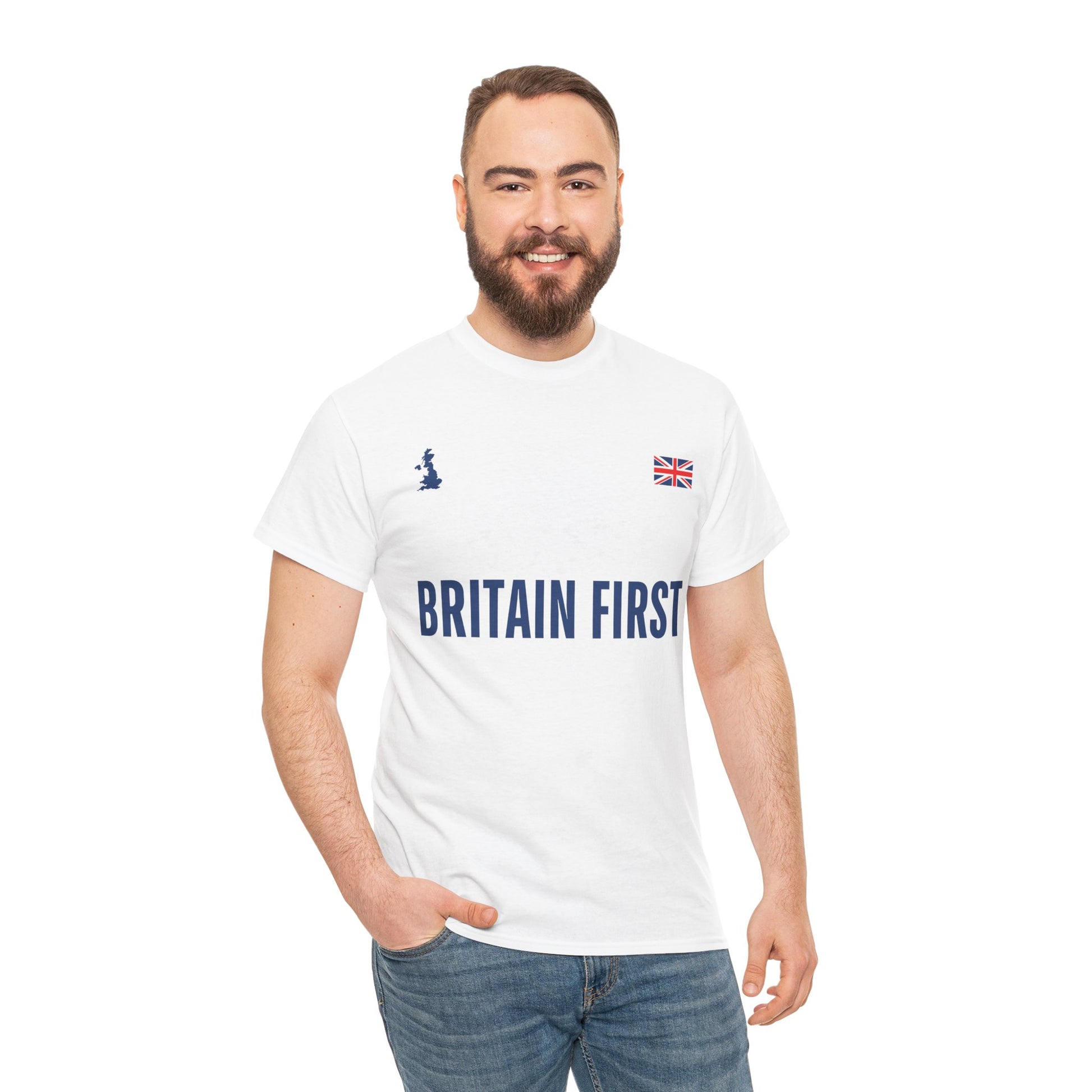 Man wearing a white t-shirt with 'Britain First' text on a plain background