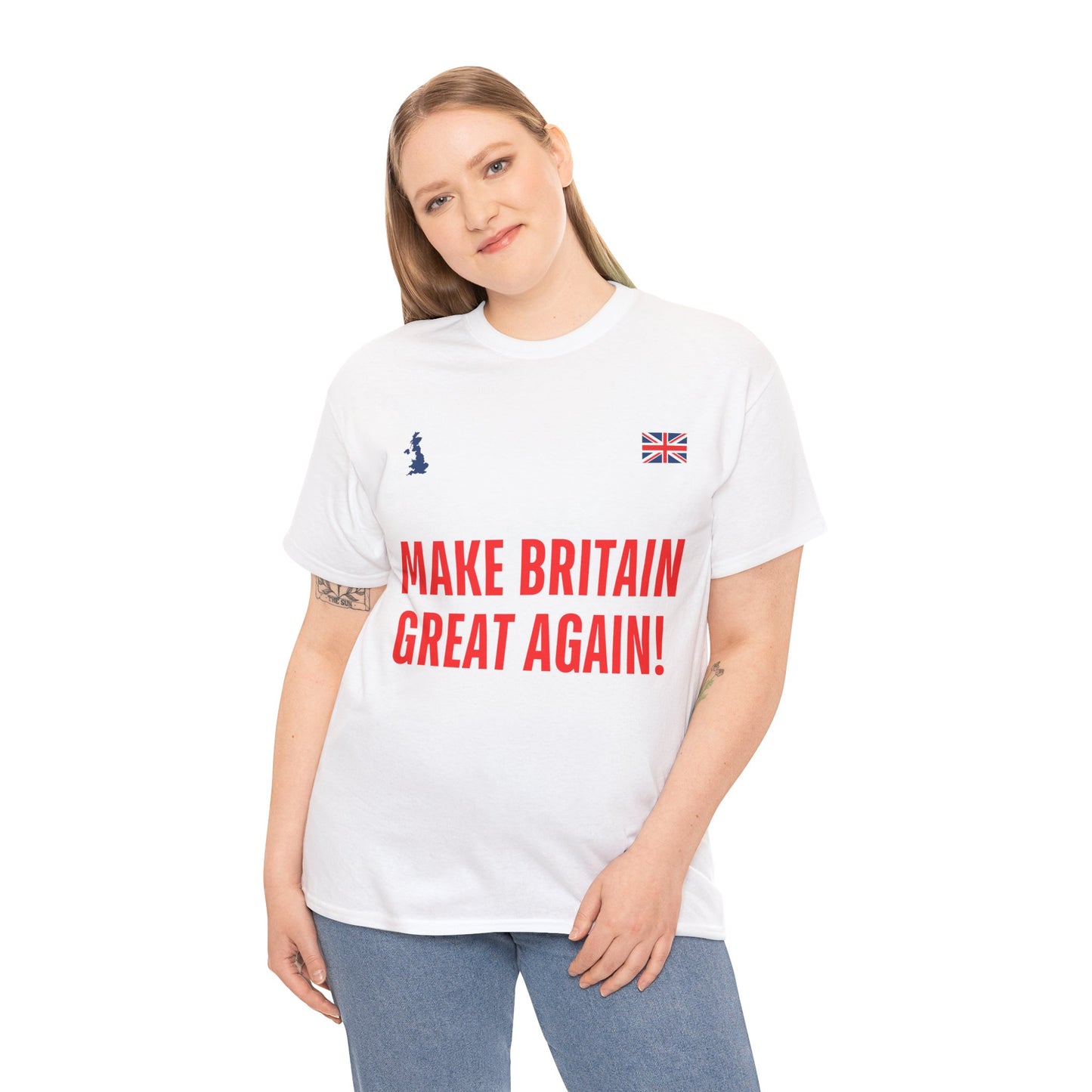 Person wearing a white t-shirt with 'MAKE BRITAIN GREAT AGAIN!' text on a white background