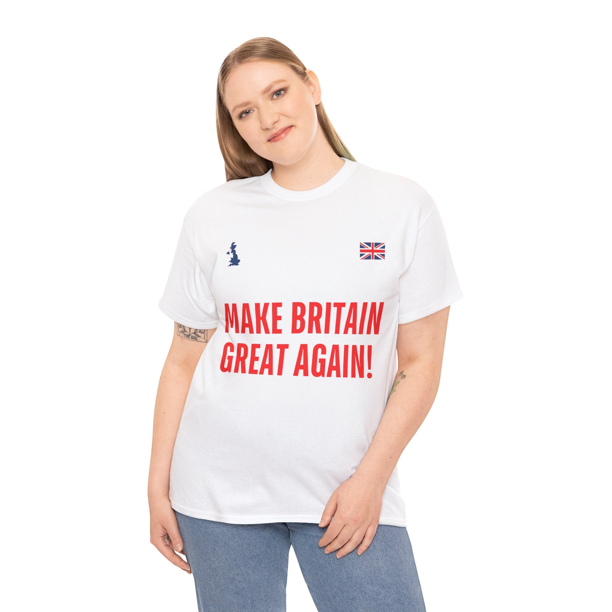 Person wearing a white t-shirt with 'MAKE BRITAIN GREAT AGAIN!' text on a white background