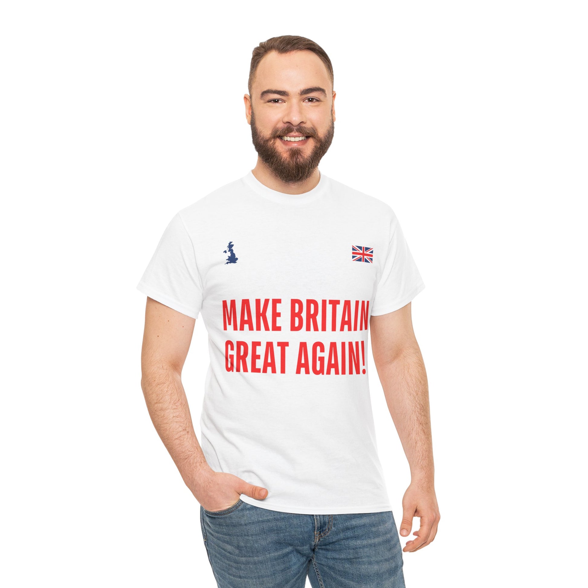 Man wearing a white t-shirt with 'MAKE BRITAIN GREAT AGAIN!' text on a white background