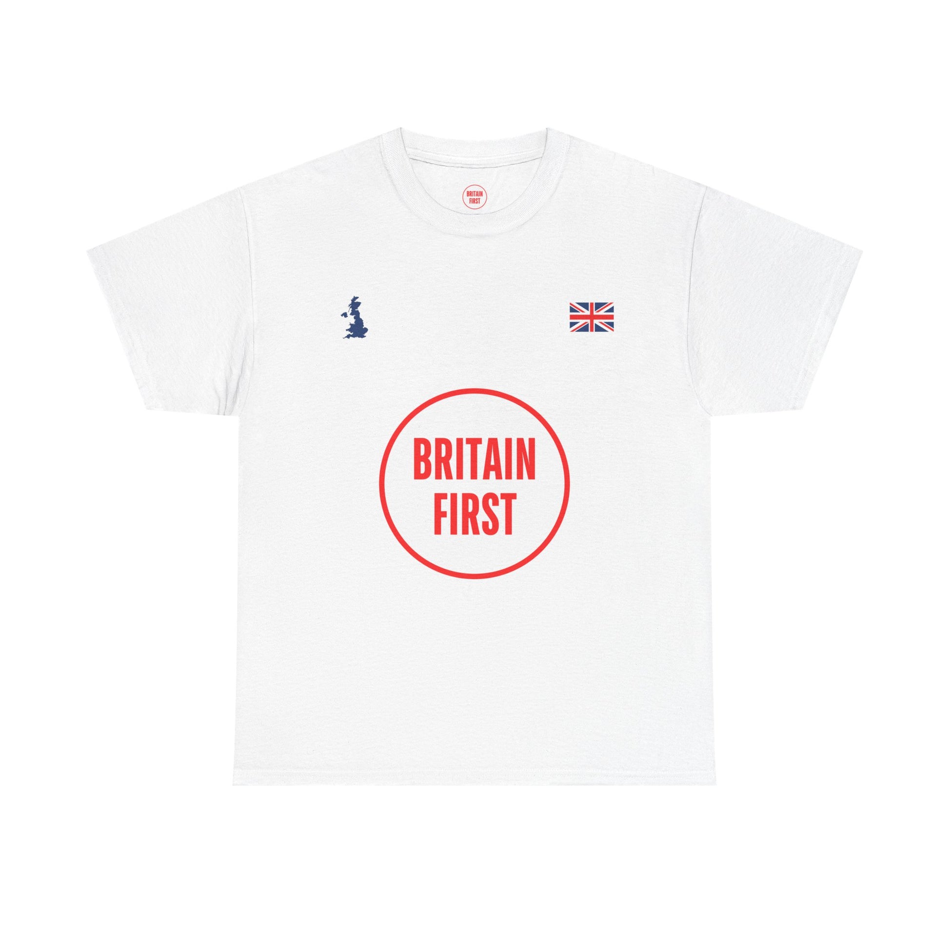 White t-shirt with 'Britain First' logo on a white background