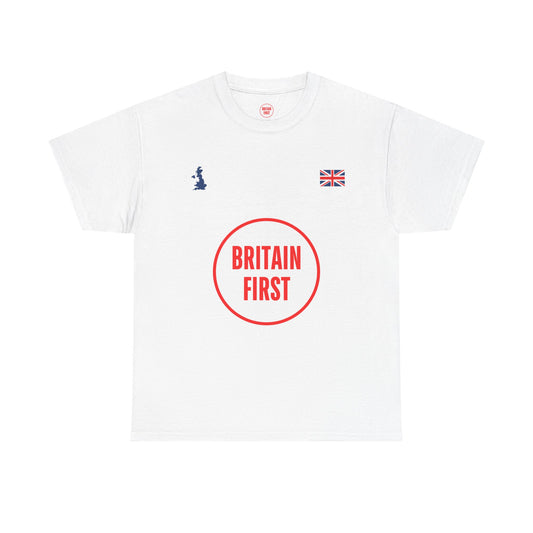 White t-shirt with 'Britain First' logo on a white background
