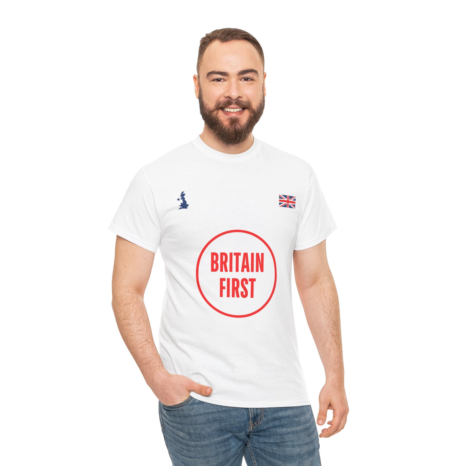 Man wearing a white t-shirt with 'Britain First' logo on a white background